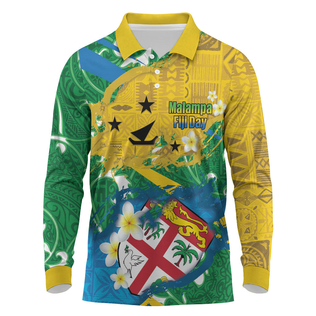Malampa Fiji Day Long Sleeve Polo Shirt 10 October Together We Grow Grunge Tapa Motifs LT14 Multicolor - Polynesian Pride