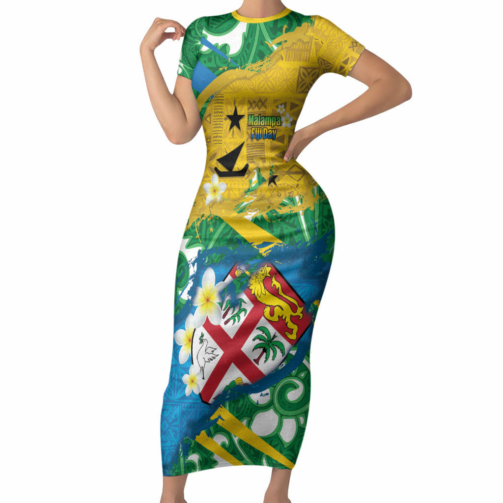 Malampa Fiji Day Short Sleeve Bodycon Dress 10 October Together We Grow Grunge Tapa Motifs LT14 Long Dress Multicolor - Polynesian Pride