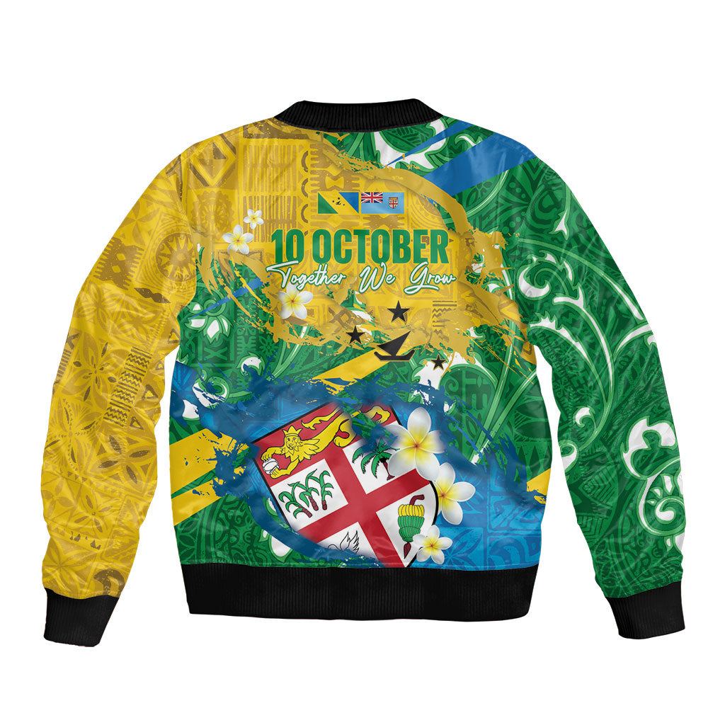 Malampa Fiji Day Sleeve Zip Bomber Jacket 10 October Together We Grow Grunge Tapa Motifs