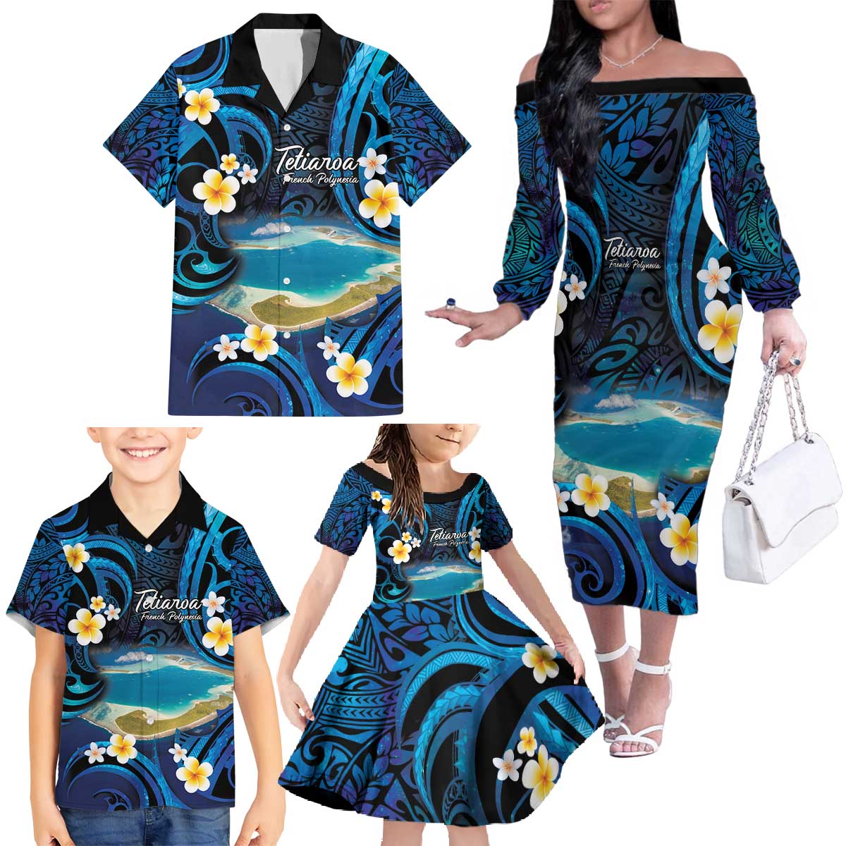 French Polynesia Tetiaroa Atoll Family Matching Off The Shoulder Long Sleeve Dress and Hawaiian Shirt Polynesian Curves Style