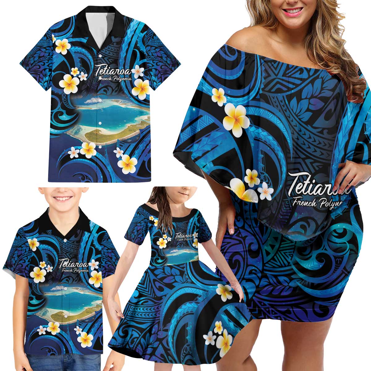 French Polynesia Tetiaroa Atoll Family Matching Off Shoulder Short Dress and Hawaiian Shirt Polynesian Curves Style