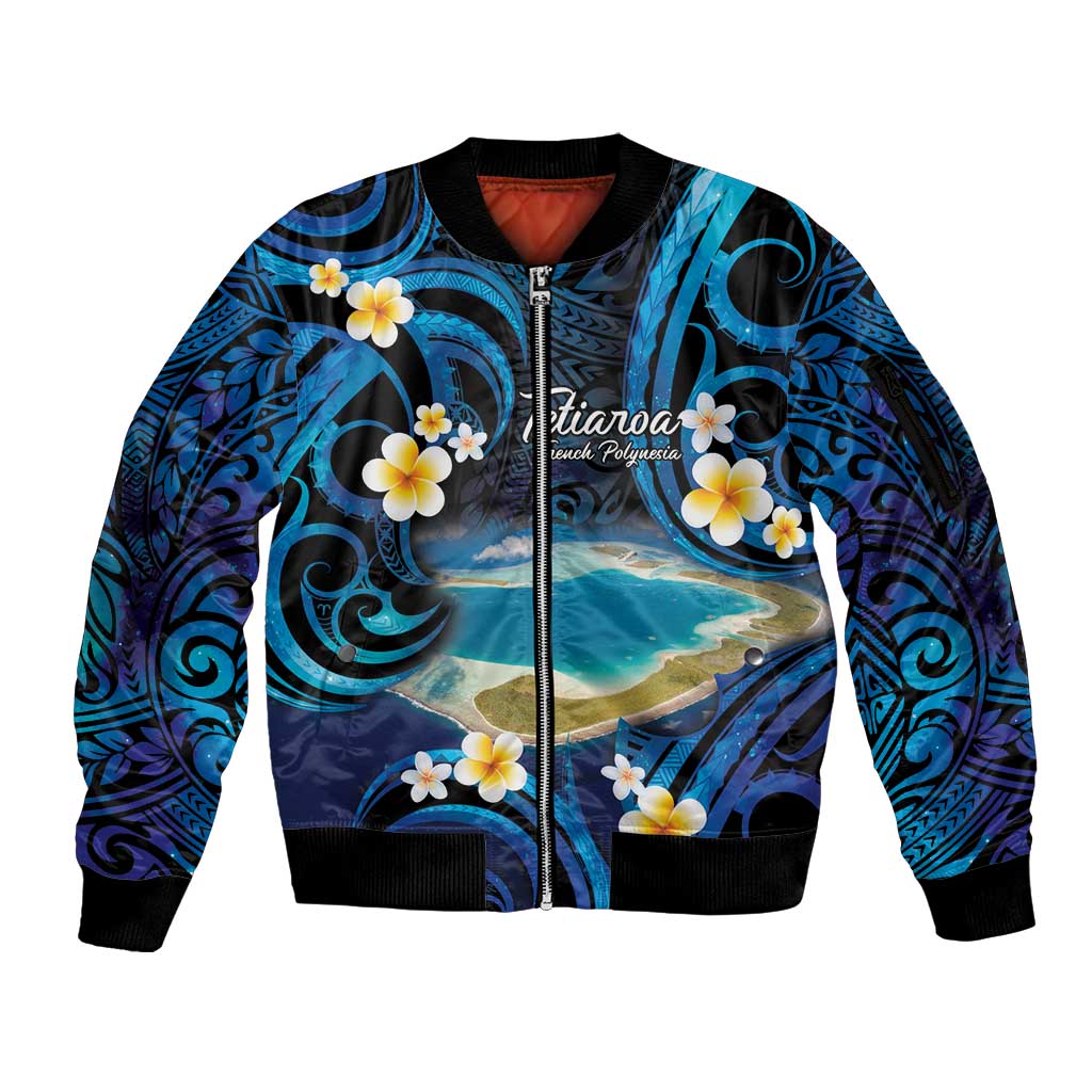 French Polynesia Tetiaroa Atoll Sleeve Zip Bomber Jacket Polynesian Curves Style LT14 Unisex Blue - Polynesian Pride