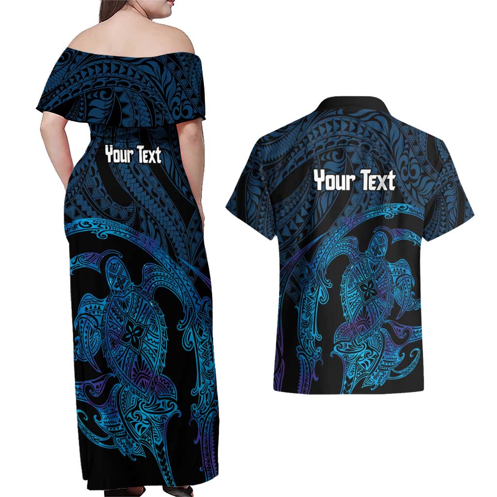 Personalised Tahiti Moorea Atoll Couples Matching Off Shoulder Maxi Dress and Hawaiian Shirt Polynesian Sea Turtle
