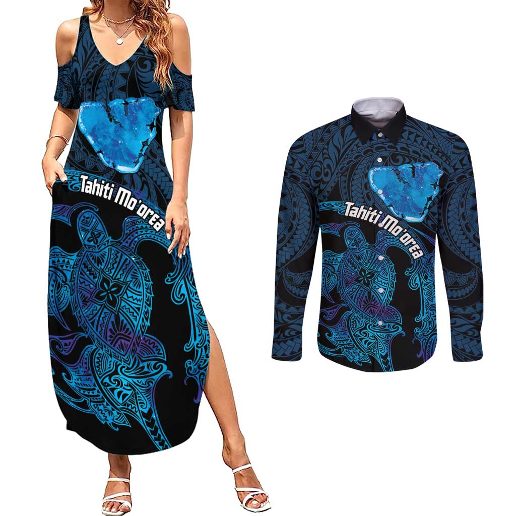 Personalised Tahiti Moorea Atoll Couples Matching Summer Maxi Dress and Long Sleeve Button Shirt Polynesian Sea Turtle