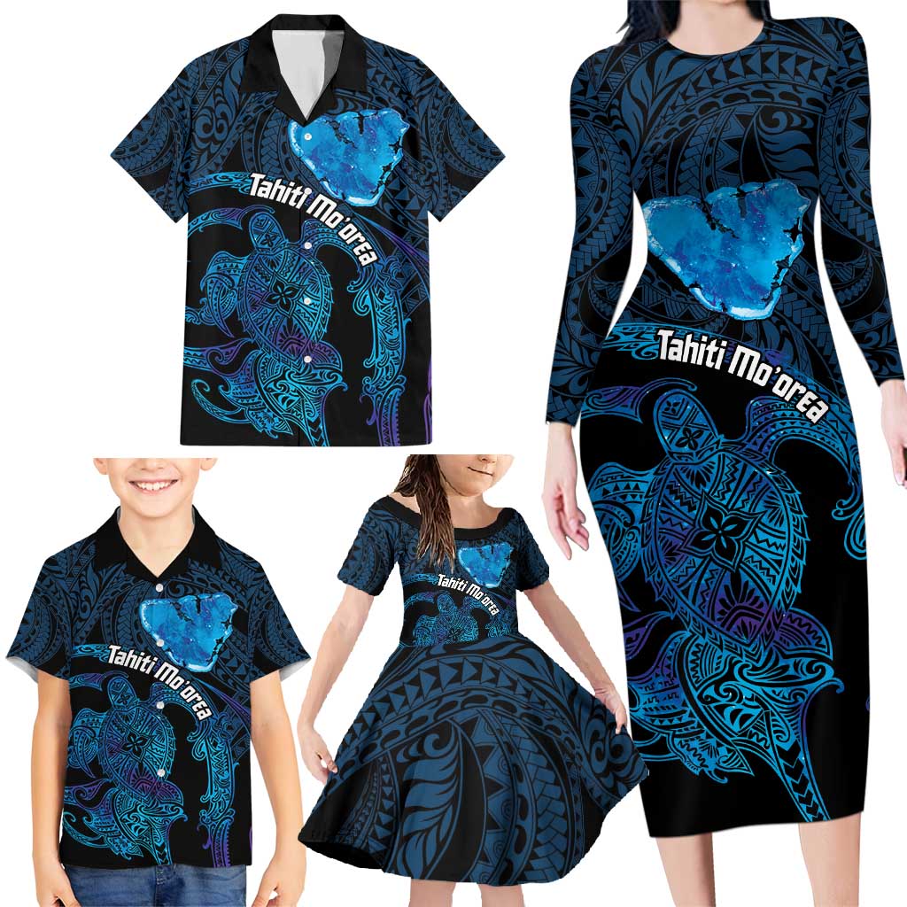 Personalised Tahiti Moorea Atoll Family Matching Long Sleeve Bodycon Dress and Hawaiian Shirt Polynesian Sea Turtle