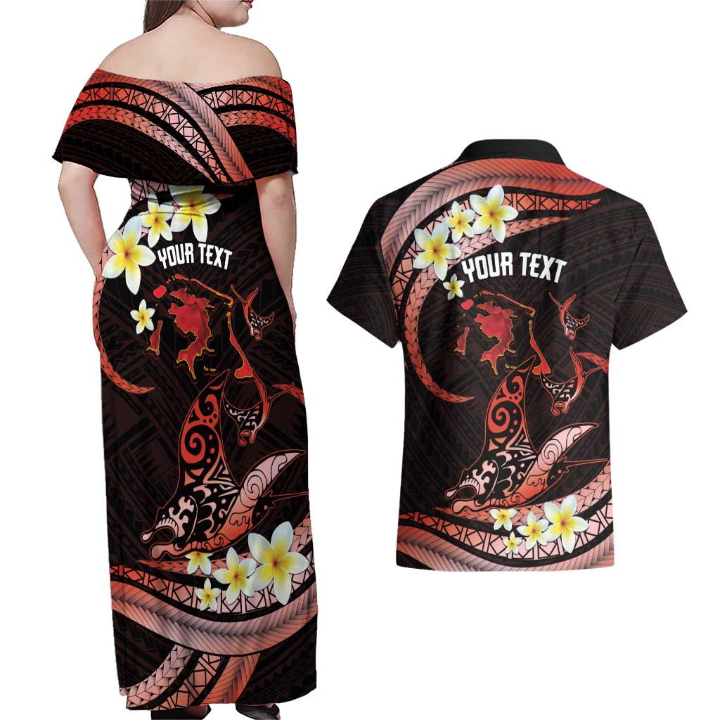 Personalised Tahiti Bora Bora Couples Matching Off Shoulder Maxi Dress and Hawaiian Shirt Manta Rays With Polynesian Plumeria