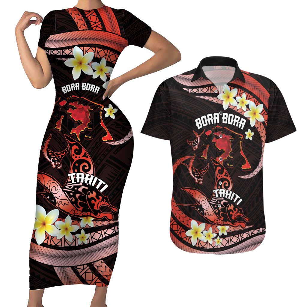 Personalised Tahiti Bora Bora Couples Matching Short Sleeve Bodycon Dress and Hawaiian Shirt Manta Rays With Polynesian Plumeria