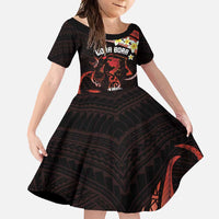 Personalised Tahiti Bora Bora Family Matching Long Sleeve Bodycon Dress and Hawaiian Shirt Manta Rays With Polynesian Plumeria LT14 Daughter's Dress Red - Polynesian Pride