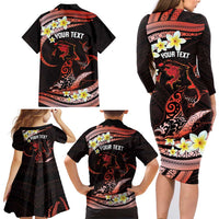 Personalised Tahiti Bora Bora Family Matching Long Sleeve Bodycon Dress and Hawaiian Shirt Manta Rays With Polynesian Plumeria LT14 - Polynesian Pride