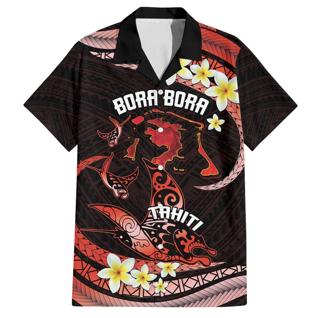Personalised Tahiti Bora Bora Family Matching Long Sleeve Bodycon Dress and Hawaiian Shirt Manta Rays With Polynesian Plumeria LT14 Dad's Shirt - Short Sleeve Red - Polynesian Pride