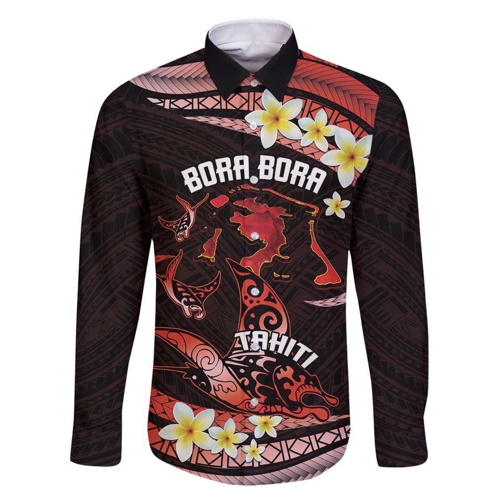 Personalised Tahiti Bora Bora Family Matching Mermaid Dress and Hawaiian Shirt Manta Rays With Polynesian Plumeria LT14 Dad's Shirt - Long Sleeve Red - Polynesian Pride