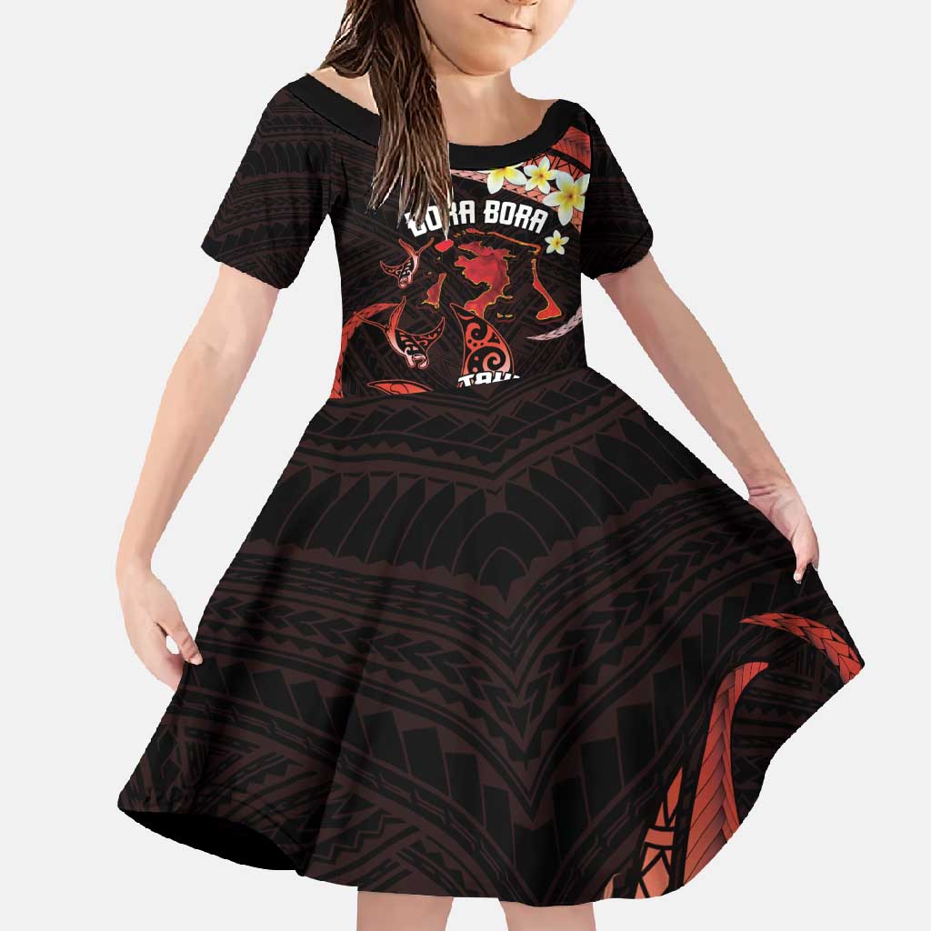 Personalised Tahiti Bora Bora Family Matching Short Sleeve Bodycon Dress and Hawaiian Shirt Manta Rays With Polynesian Plumeria LT14 Daughter's Dress Red - Polynesian Pride