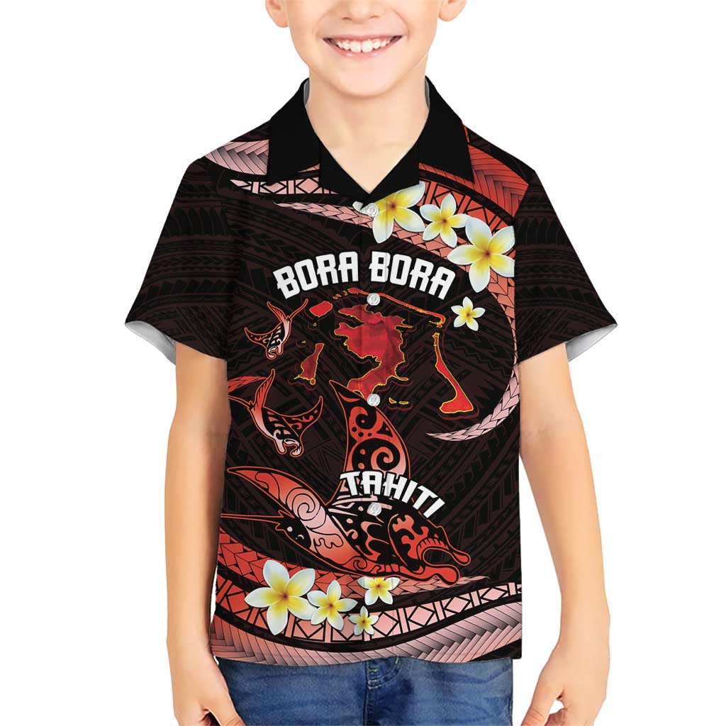 Personalised Tahiti Bora Bora Family Matching Short Sleeve Bodycon Dress and Hawaiian Shirt Manta Rays With Polynesian Plumeria LT14 Son's Shirt Red - Polynesian Pride