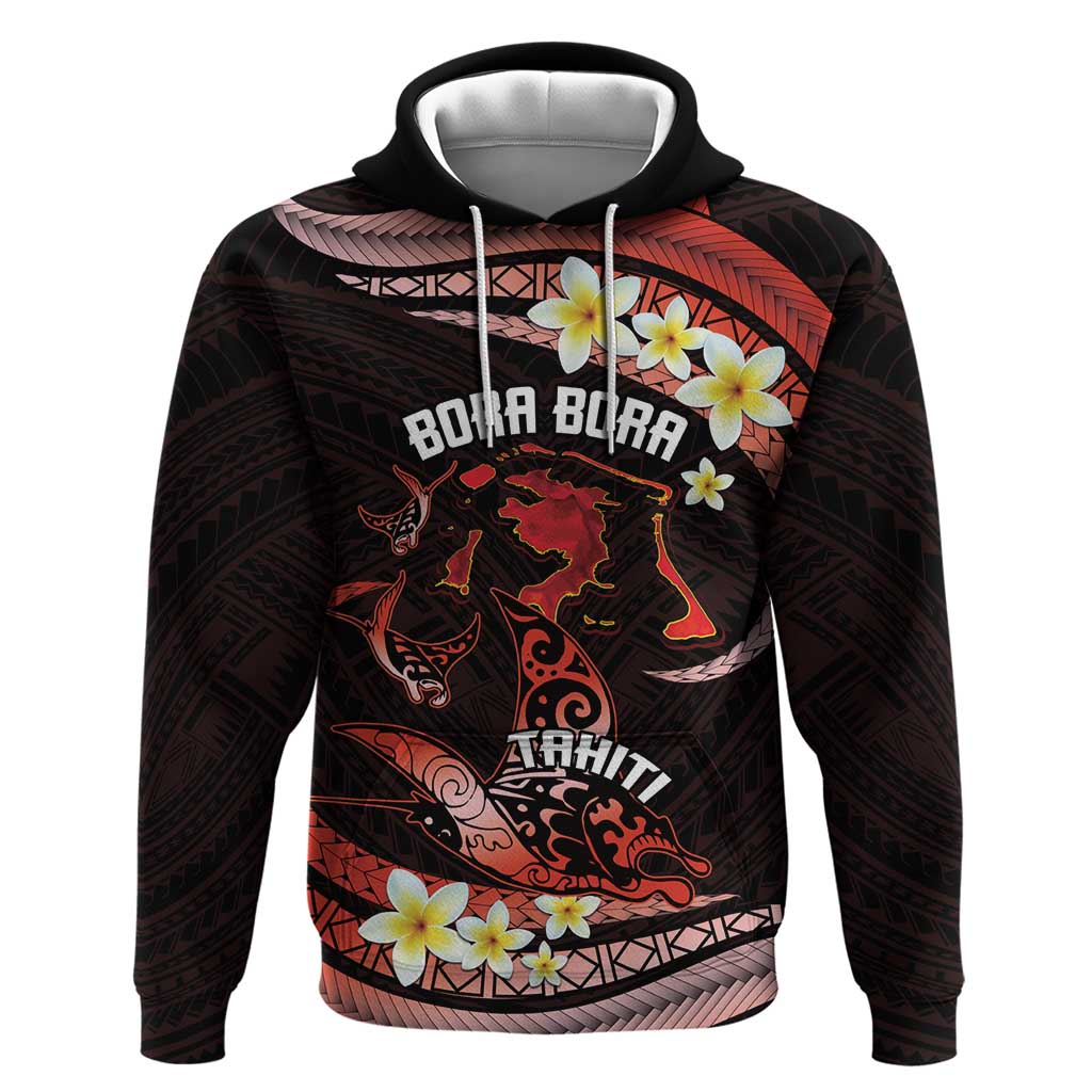 Personalised Tahiti Bora Bora Hoodie Manta Rays With Polynesian Plumeria