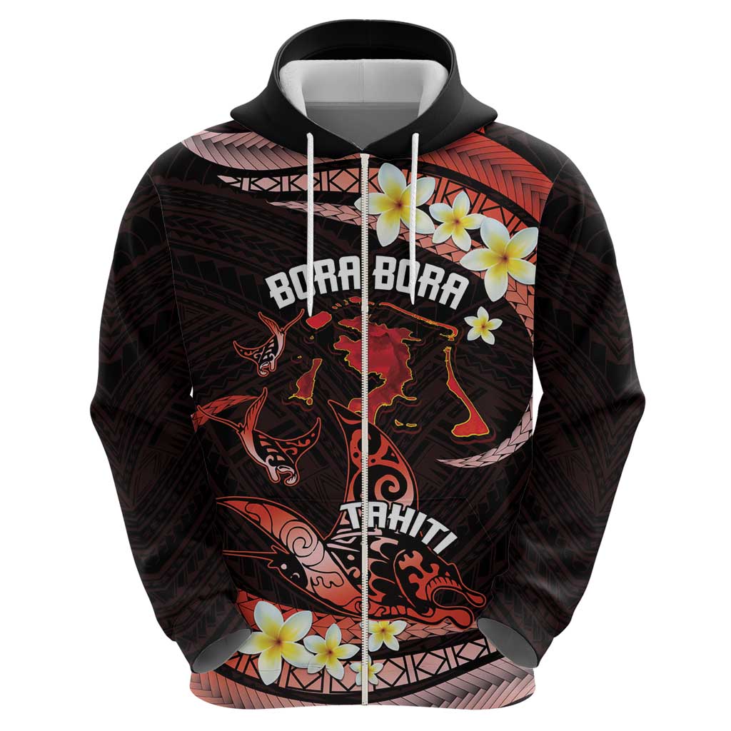 Personalised Tahiti Bora Bora Hoodie Manta Rays With Polynesian Plumeria
