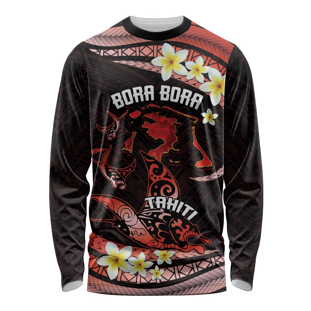 Personalised Tahiti Bora Bora Long Sleeve Shirt Manta Rays With Polynesian Plumeria