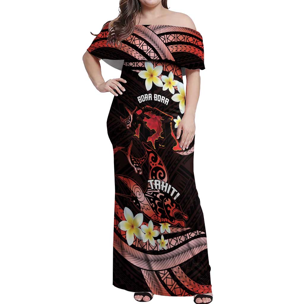 Personalised Tahiti Bora Bora Off Shoulder Maxi Dress Manta Rays With Polynesian Plumeria