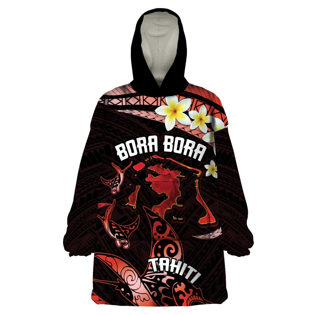 Personalised Tahiti Bora Bora Wearable Blanket Hoodie Manta Rays With Polynesian Plumeria