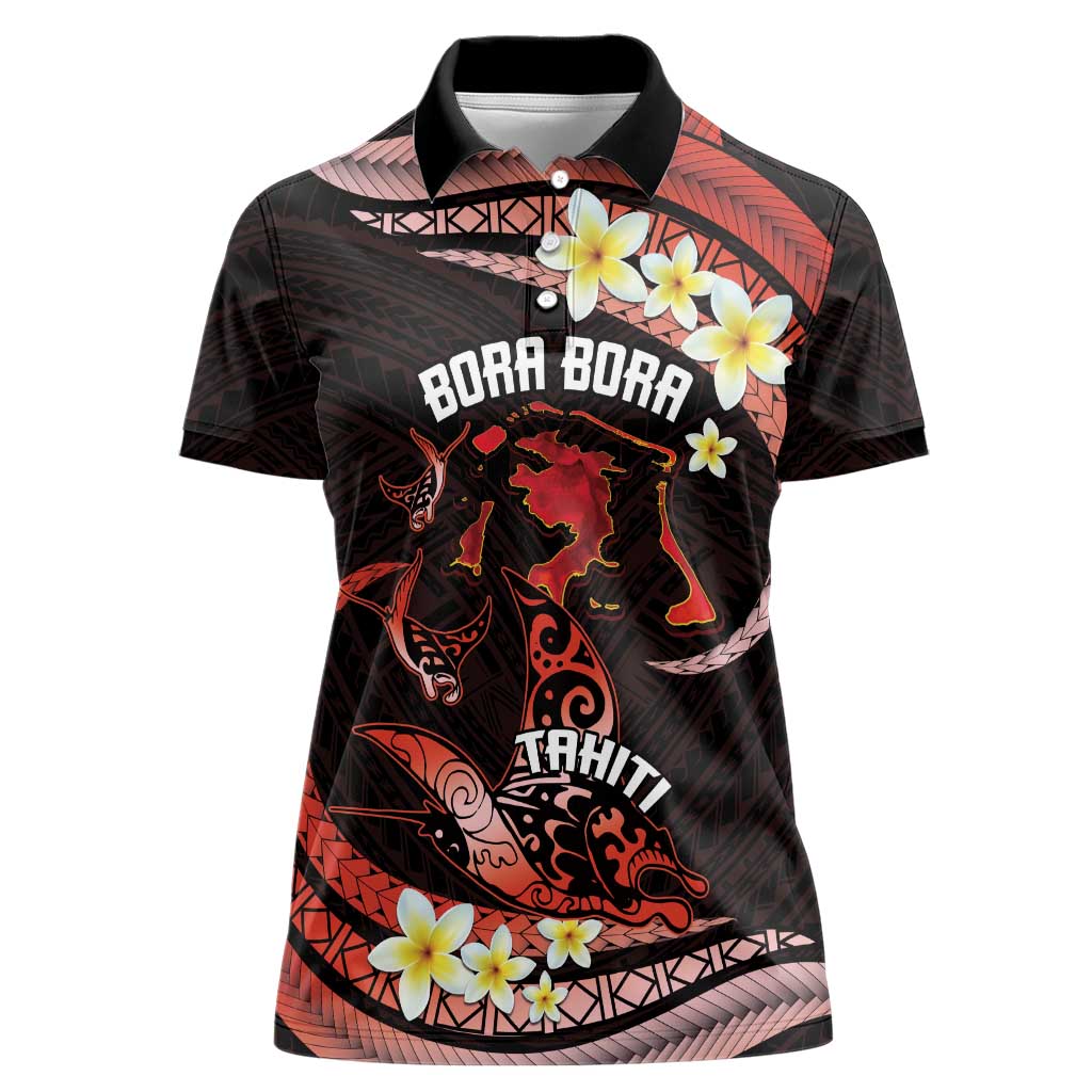 Personalised Tahiti Bora Bora Women Polo Shirt Manta Rays With Polynesian Plumeria