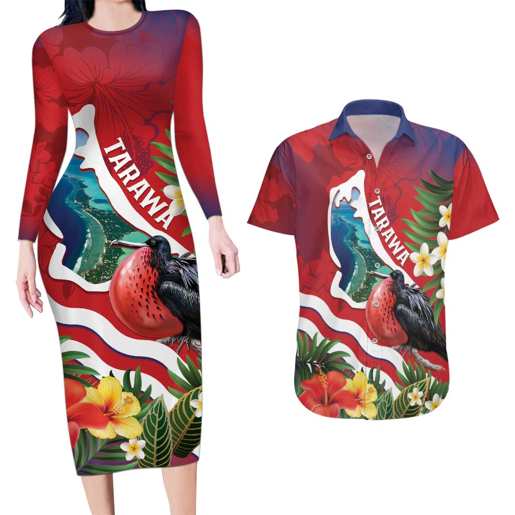 Personalised Kiribati Tarawa Atoll Couples Matching Long Sleeve Bodycon Dress and Hawaiian Shirt Frigate Bird With Map Tropical Style