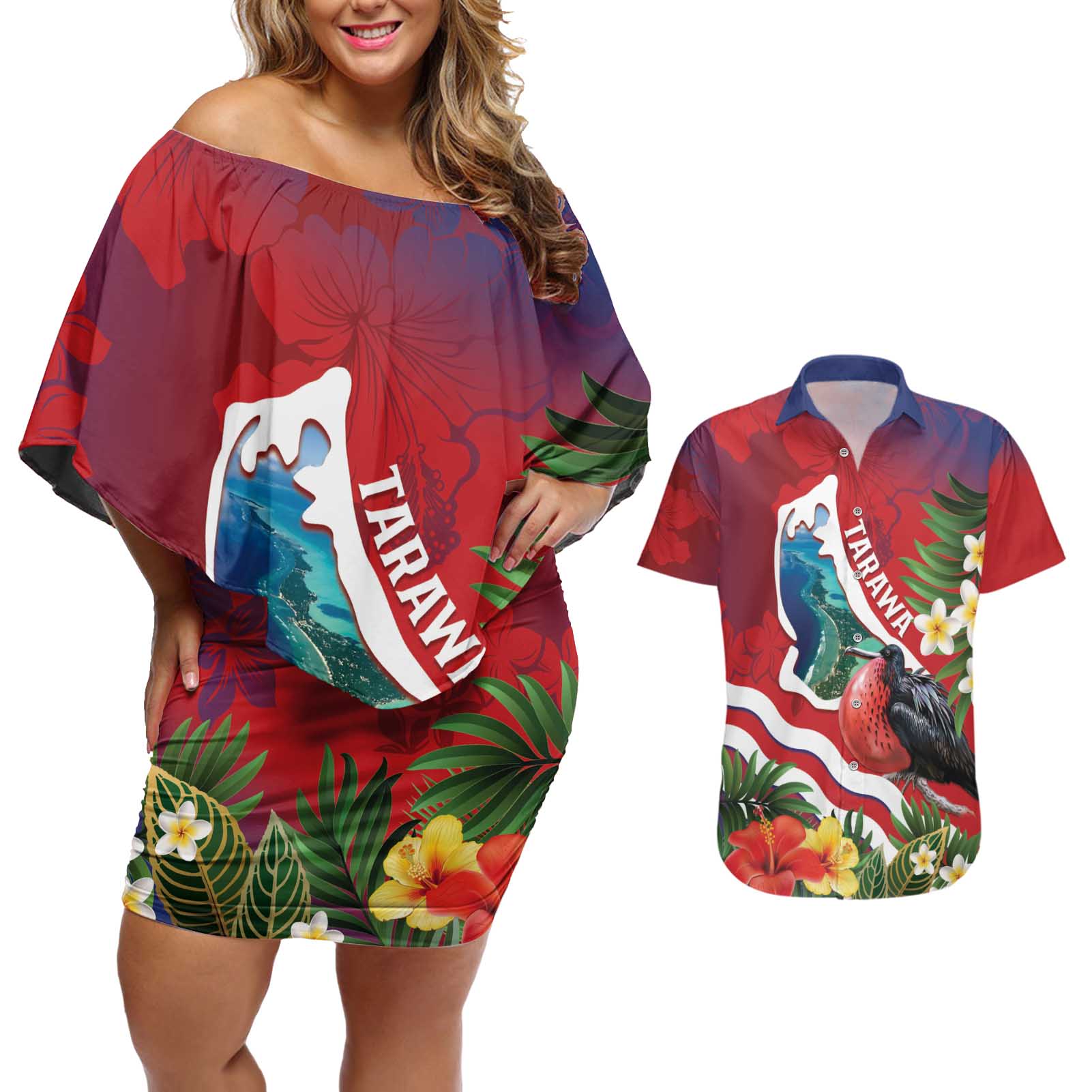 Personalised Kiribati Tarawa Atoll Couples Matching Off Shoulder Short Dress and Hawaiian Shirt Frigate Bird With Map Tropical Style