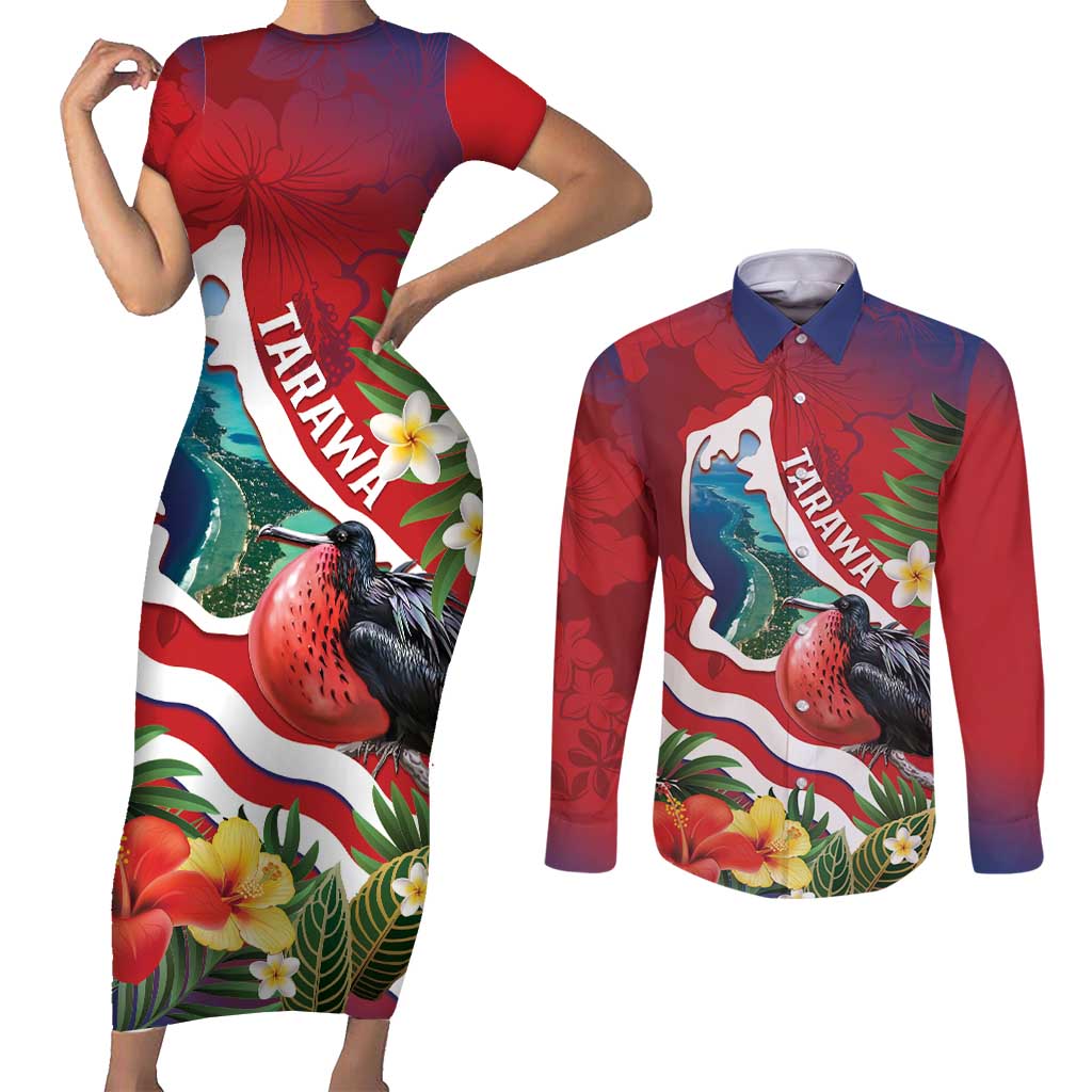 Personalised Kiribati Tarawa Atoll Couples Matching Short Sleeve Bodycon Dress and Long Sleeve Button Shirt Frigate Bird With Map Tropical Style