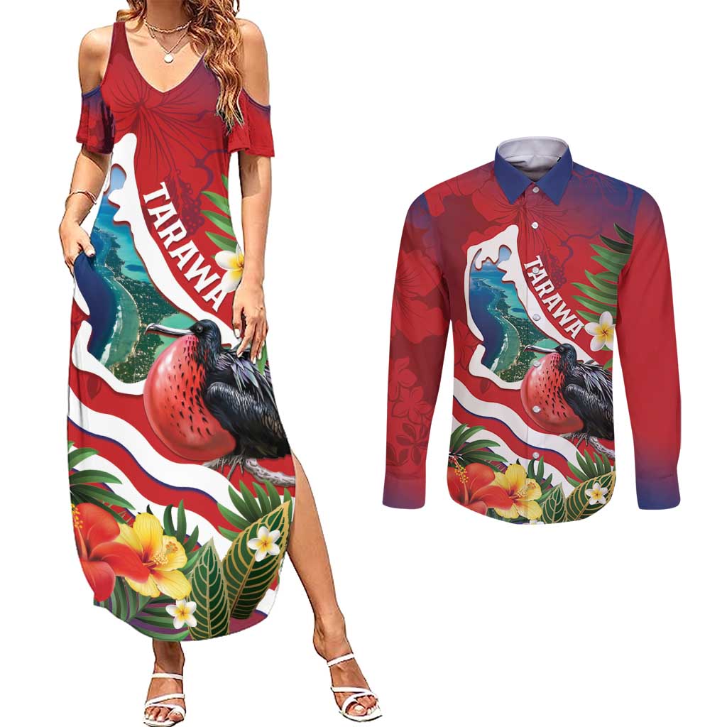 Personalised Kiribati Tarawa Atoll Couples Matching Summer Maxi Dress and Long Sleeve Button Shirt Frigate Bird With Map Tropical Style