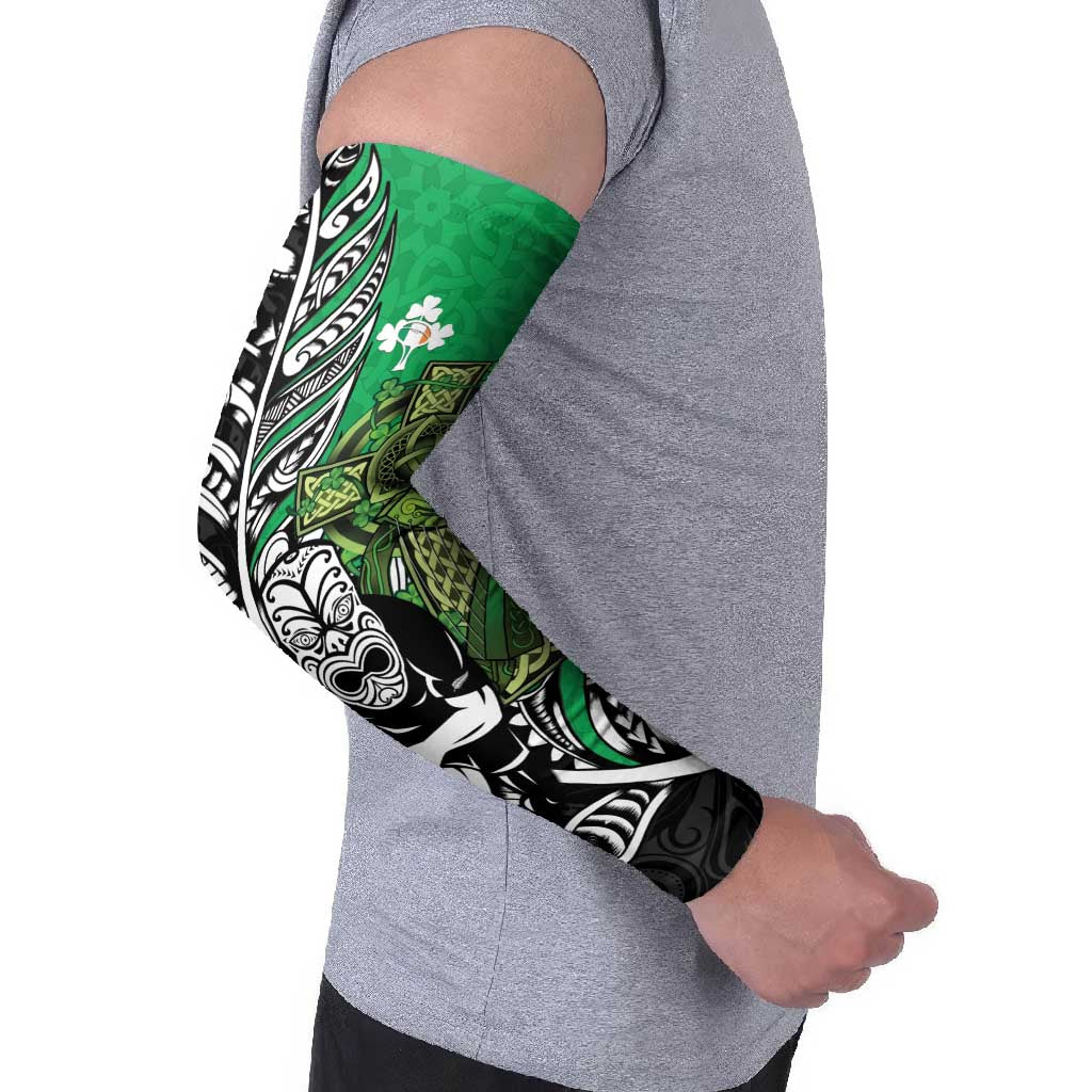 New Zealand and Ireland Rugby Custom Arm Sleeves Maori Tiki Fern Irish Celtic Cross - Polynesian Pride