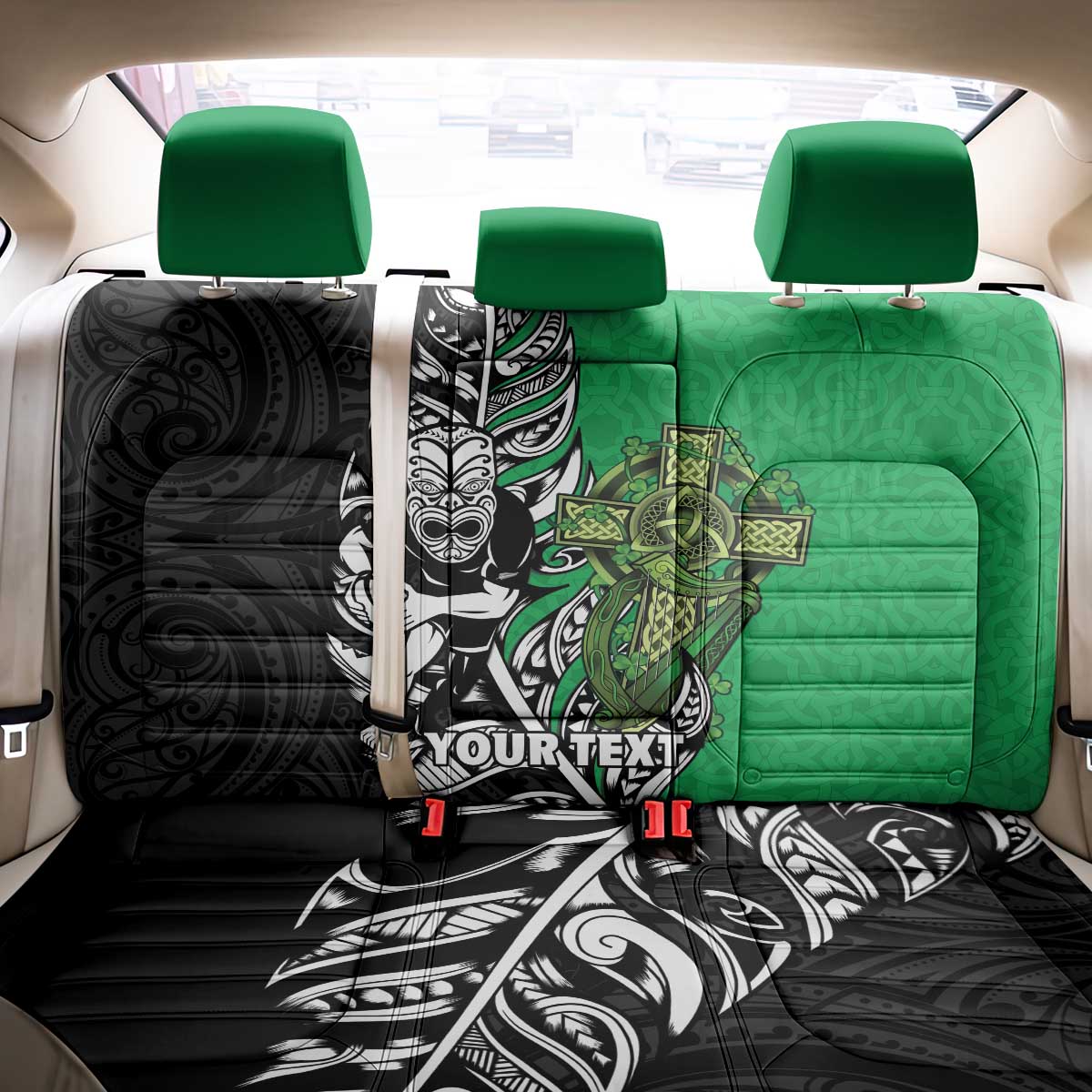New Zealand and Ireland Rugby Custom Back Car Seat Cover Maori Tiki Fern Irish Celtic Cross - Polynesian Pride