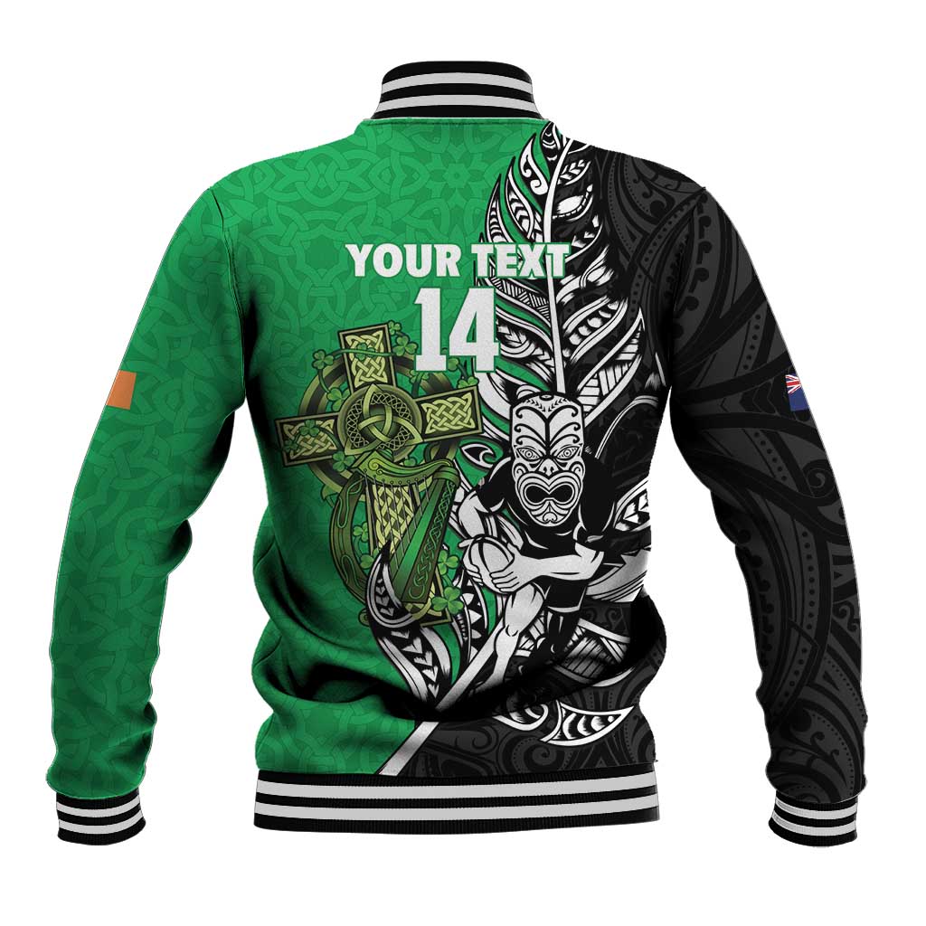 New Zealand and Ireland Rugby Custom Baseball Jacket Maori Tiki Fern Irish Celtic Cross - Polynesian Pride