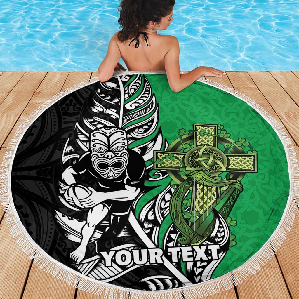 New Zealand and Ireland Rugby Custom Beach Blanket Maori Tiki Fern Irish Celtic Cross - Polynesian Pride
