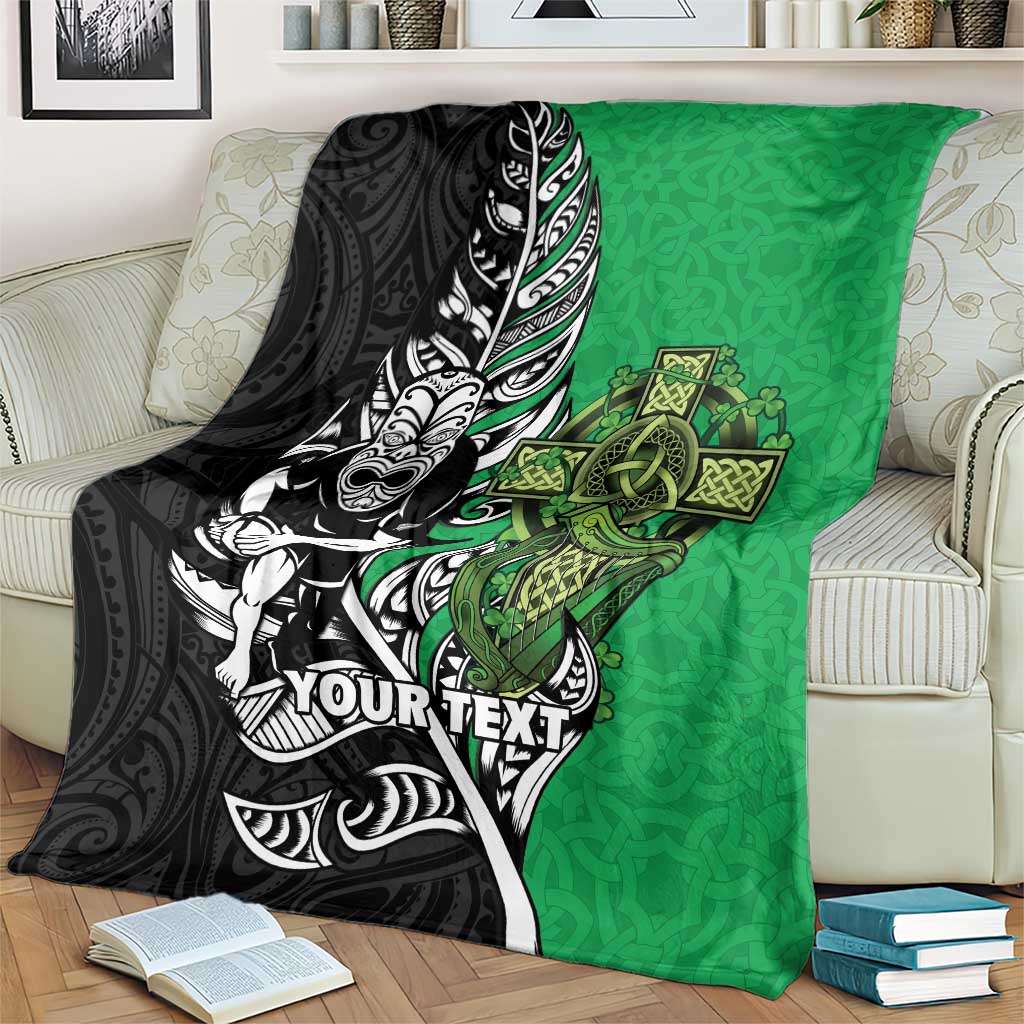 New Zealand and Ireland Rugby Custom Blanket Maori Tiki Fern Irish Celtic Cross - Polynesian Pride