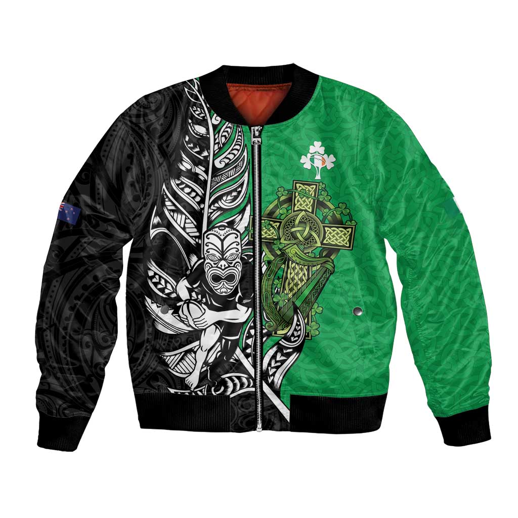 New Zealand and Ireland Rugby Custom Bomber Jacket Maori Tiki Fern Irish Celtic Cross - Polynesian Pride