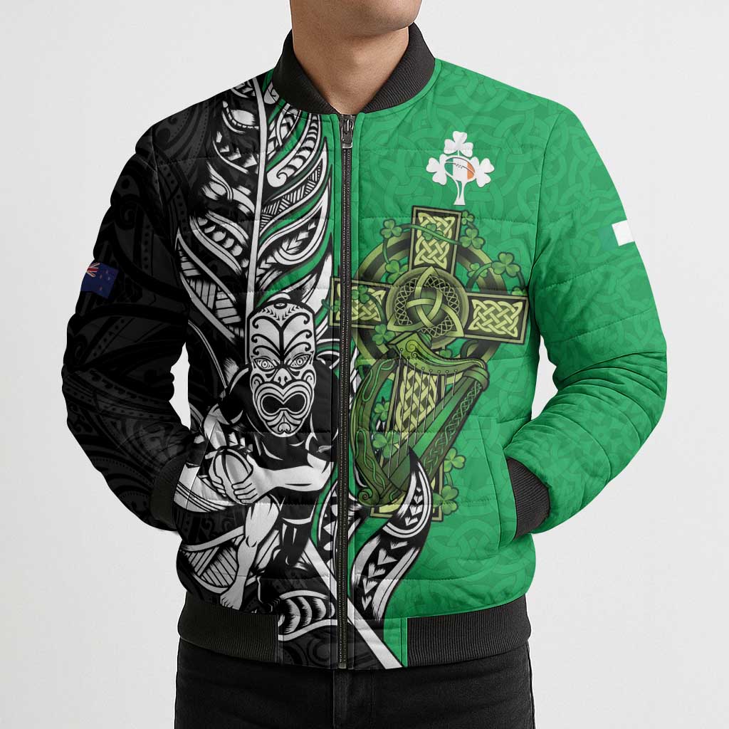 New Zealand and Ireland Rugby Custom Bomber Puffer Jacket Maori Tiki Fern Irish Celtic Cross - Polynesian Pride