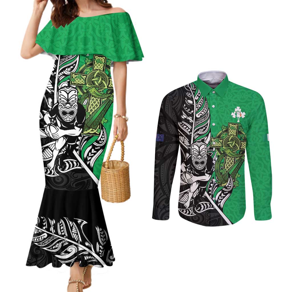 New Zealand and Ireland Rugby Custom Couples Matching Mermaid Dress and Long Sleeve Button Shirt Maori Tiki Fern Irish Celtic Cross - Polynesian Pride