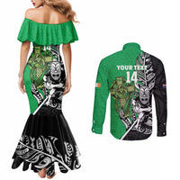 New Zealand and Ireland Rugby Custom Couples Matching Mermaid Dress and Long Sleeve Button Shirt Maori Tiki Fern Irish Celtic Cross - Polynesian Pride