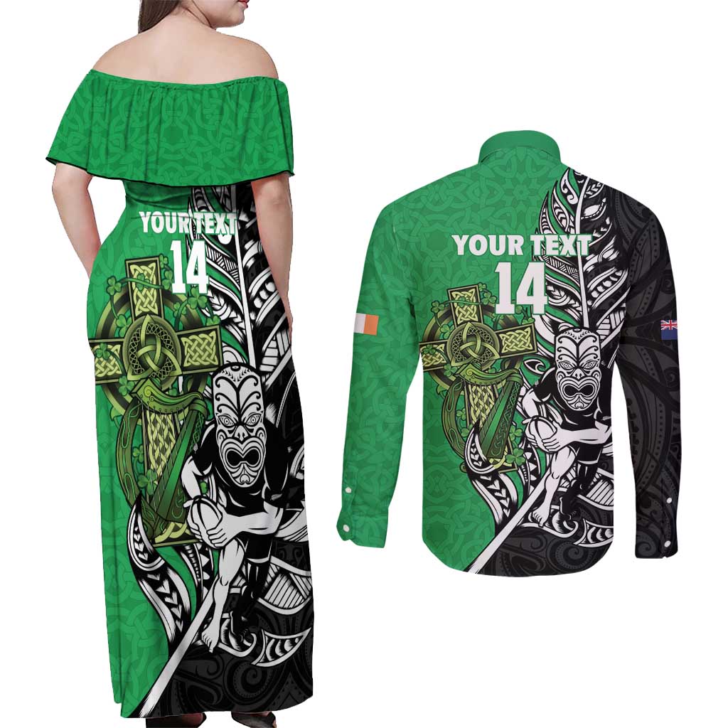 New Zealand and Ireland Rugby Custom Couples Matching Off Shoulder Maxi Dress and Long Sleeve Button Shirt Maori Tiki Fern Irish Celtic Cross - Polynesian Pride
