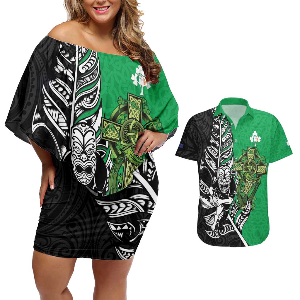 New Zealand and Ireland Rugby Custom Couples Matching Off Shoulder Short Dress and Hawaiian Shirt Maori Tiki Fern Irish Celtic Cross - Polynesian Pride