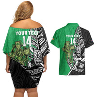New Zealand and Ireland Rugby Custom Couples Matching Off Shoulder Short Dress and Hawaiian Shirt Maori Tiki Fern Irish Celtic Cross - Polynesian Pride