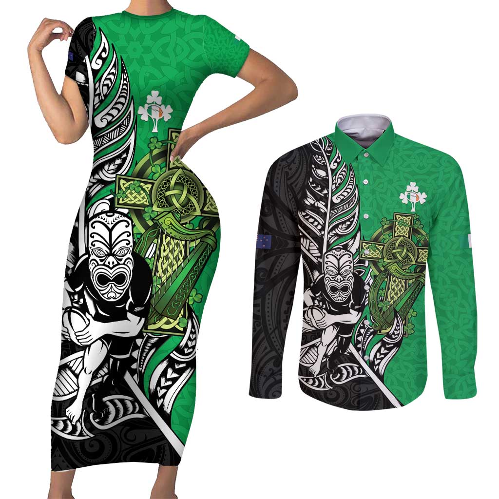 New Zealand and Ireland Rugby Custom Couples Matching Short Sleeve Bodycon Dress and Long Sleeve Button Shirt Maori Tiki Fern Irish Celtic Cross - Polynesian Pride