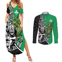 New Zealand and Ireland Rugby Custom Couples Matching Summer Maxi Dress and Long Sleeve Button Shirt Maori Tiki Fern Irish Celtic Cross - Polynesian Pride