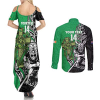 New Zealand and Ireland Rugby Custom Couples Matching Summer Maxi Dress and Long Sleeve Button Shirt Maori Tiki Fern Irish Celtic Cross - Polynesian Pride