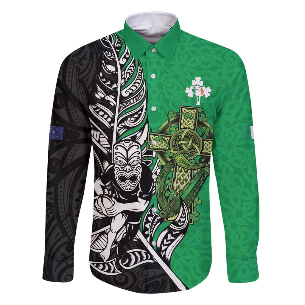 New Zealand and Ireland Rugby Custom Family Matching Long Sleeve Bodycon Dress and Hawaiian Shirt Maori Tiki Fern Irish Celtic Cross - Polynesian Pride