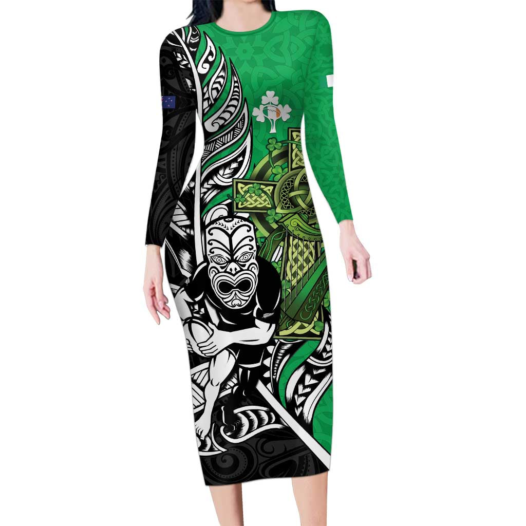 New Zealand and Ireland Rugby Custom Family Matching Long Sleeve Bodycon Dress and Hawaiian Shirt Maori Tiki Fern Irish Celtic Cross - Polynesian Pride