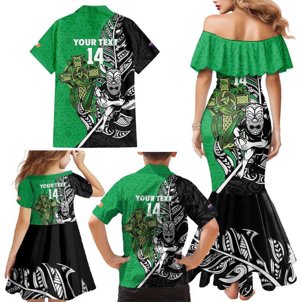 New Zealand and Ireland Rugby Custom Family Matching Mermaid Dress and Hawaiian Shirt Maori Tiki Fern Irish Celtic Cross - Polynesian Pride