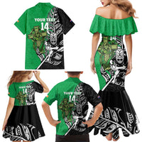 New Zealand and Ireland Rugby Custom Family Matching Mermaid Dress and Hawaiian Shirt Maori Tiki Fern Irish Celtic Cross - Polynesian Pride