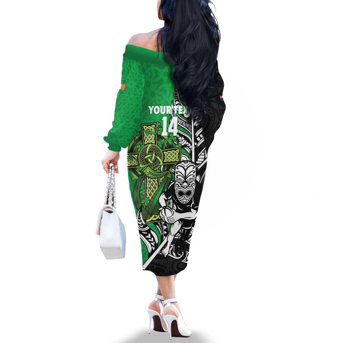 New Zealand and Ireland Rugby Custom Family Matching Off The Shoulder Long Sleeve Dress and Hawaiian Shirt Maori Tiki Fern Irish Celtic Cross - Polynesian Pride