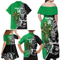 New Zealand and Ireland Rugby Custom Family Matching Off Shoulder Maxi Dress and Hawaiian Shirt Maori Tiki Fern Irish Celtic Cross - Polynesian Pride
