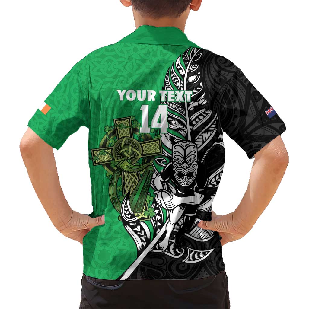 New Zealand and Ireland Rugby Custom Family Matching Short Sleeve Bodycon Dress and Hawaiian Shirt Maori Tiki Fern Irish Celtic Cross - Polynesian Pride