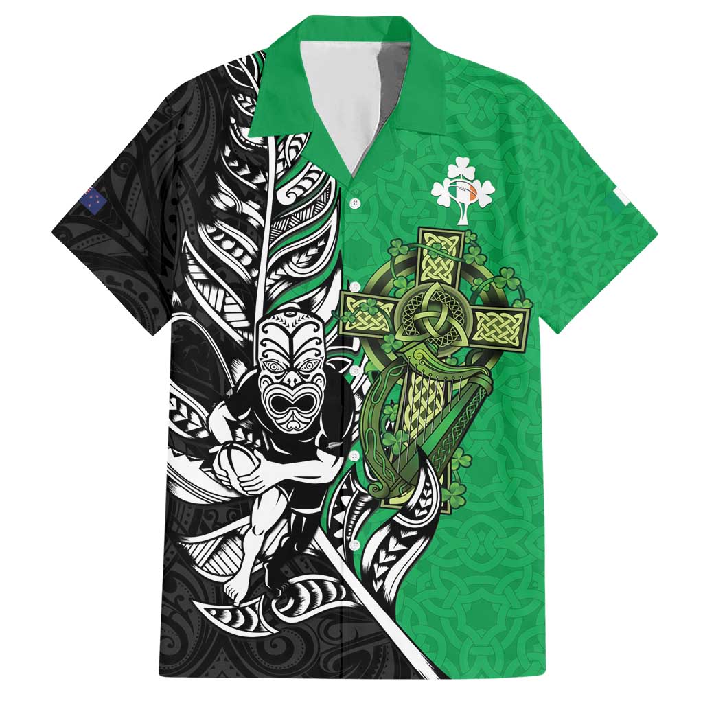 New Zealand and Ireland Rugby Custom Family Matching Short Sleeve Bodycon Dress and Hawaiian Shirt Maori Tiki Fern Irish Celtic Cross - Polynesian Pride